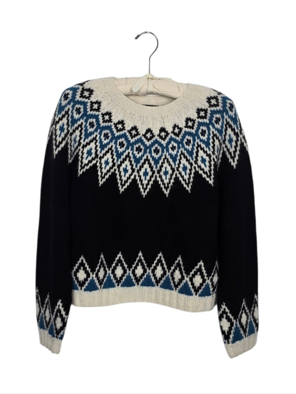 Vintage GAP Lambswool Angora Fair Isle Hand Knit Sweater Black Blue Large